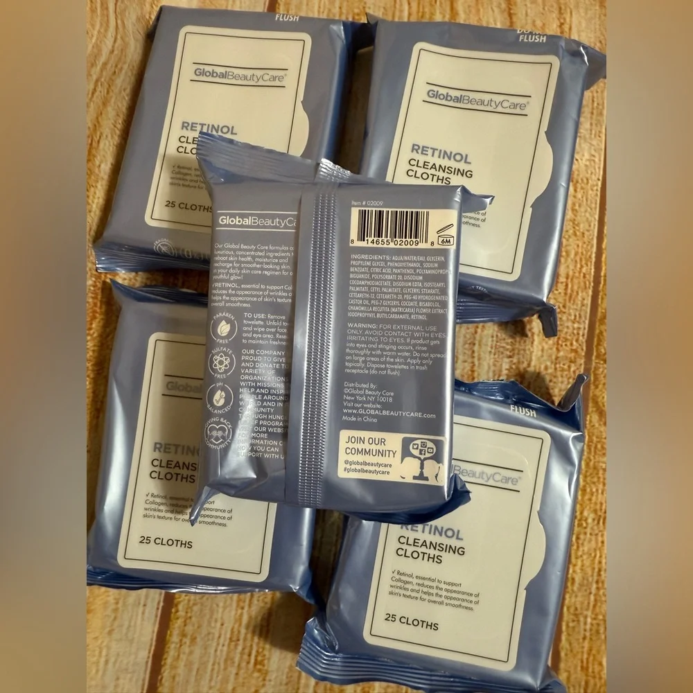 5- Global Beauty Care Retinol Cleansing Cloths 25‎ ct